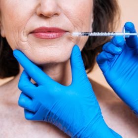 Image of a senior woman getting a beauty treatment. Client of a beauty salon taking a filler injection in the face against wrinkles and aging strokes